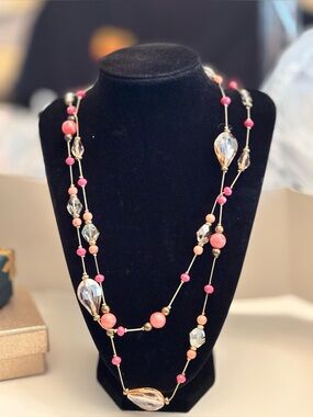 Sophisticated 60” Pink Beaded Lia Sophia Sweater Necklace with Crystal Drops